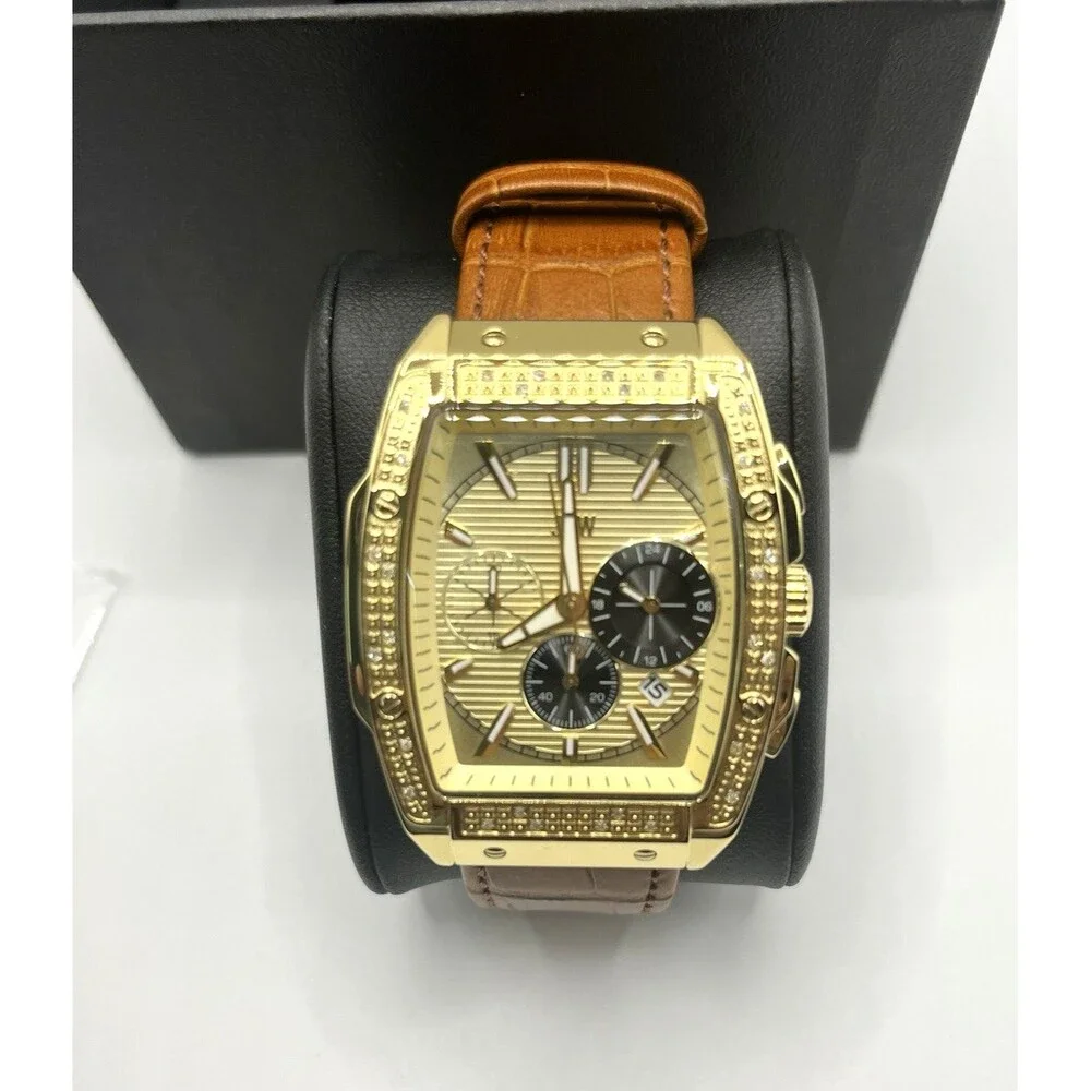 JBW Echelon Men's Chronograph Watch Gold Tone Brown Leather New Open Box